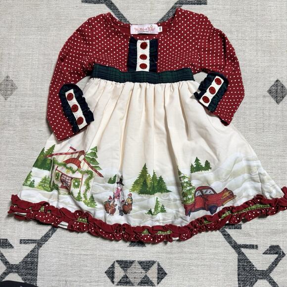 Baby Girl 18 Mo Christmas Scene Dress Cotton Plaid Sash Buttons Ruffle Snowman - Picture 1 of 8